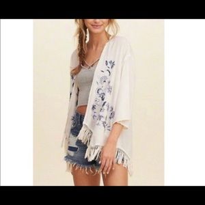 COPY - White fringe kimono with blue floral embro…